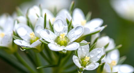 Closeup of delicate flowers with water droplets, showcasing intricate details of petals and green stems, symbolizing purity and natural beauty