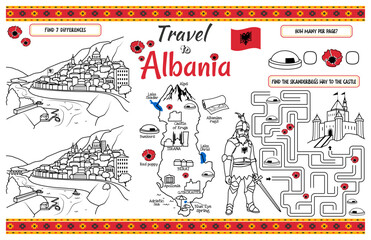 A fun placemat for kids. Printable “Travel to Albania” activity sheet with a labyrinth and find the differences. 17x11 inch printable vector file