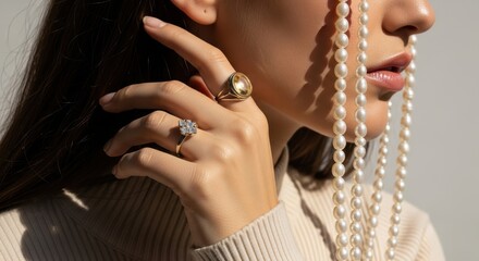 Young female with elegant jewelry and pearl necklace close-up