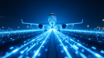 Airplane on Runway with Futuristic Neon Lights and Blue Glow at Night