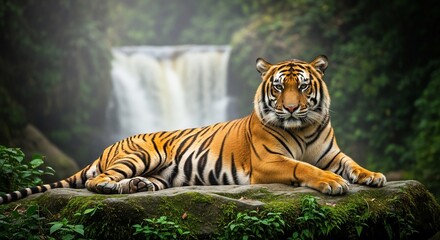 Obraz premium Majestic Tiger Resting on Mossy Rock, Waterfall Backdrop, Intense Gaze.