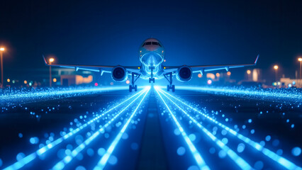 Airplane on Brightly Lit Runway with Futuristic Neon Lights at Night in Airport Environment