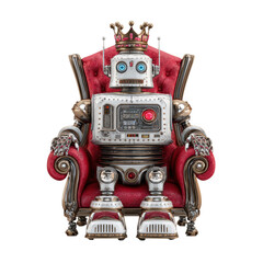 Fototapeta premium Robot king on red chair on transparent background