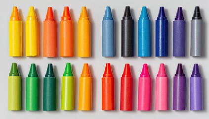 Rows of colorful crayons arranged in a grid pattern on a light gray surface