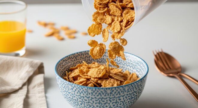 Breakfast cereal pouring into bowl with orange juice and copper utensils on white table
