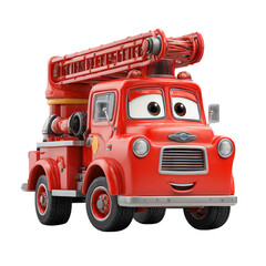 Friendly 3D Red Fire Engine Toy with Ladder &ndash; Cartoon Style &ndash; Isolate on Transparent White Background