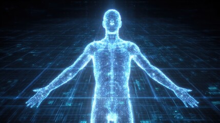 Digital Human, Network Grid, Data Flow, Futuristic Background, Concept Art