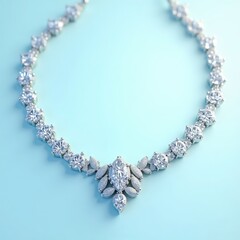 Elegant diamond necklace with a central marquise cut stone on a pastel blue background