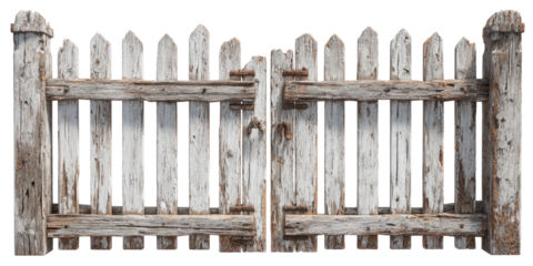 Aged white wooden picket fence with gate