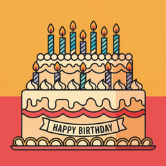 A two-layered birthday cake with lit candles and a happy birthday banner.