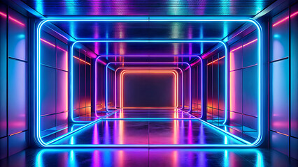 Immersive futuristic tunnel with glowing neon lights in vibrant blue pink and purple hues creating a sense of depth and motion