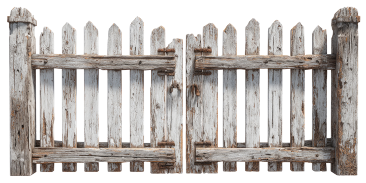 Aged white wooden picket fence with gate