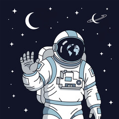 An astronaut in a white and blue spacesuit waves in outer space, with stars, a moon, and a ringed planet in the background, and Earth reflected in the helmet visor. © Farid