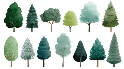 Fototapeta premium Collection of stylized, various trees in muted green, teal, and grey tones