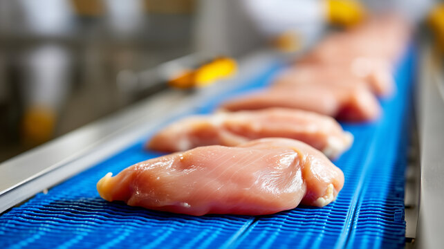 Fresh poultry fillets moving along a sanitized conveyor in a food processing plant, illustrating quality control, hygiene, and the efficiency of automated protein production and safety compliant suppl