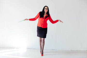 Brunette teacher in red blouse pointer stick