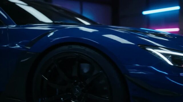  A slow pan reveals the sleek design of a modern blue sports car in a futuristic  neon-lit garage  highlighting its aerodynamic curves  luxury  and high performance.