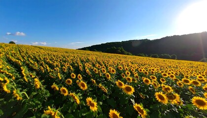 Fototapeta premium Expansive sunflower field stretches across a hillside under a vibrant blue sky.