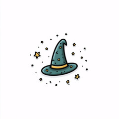 A whimsical and adorable witch's hat with stars floating around it, perfect for Halloween-themed fashion and accessories.