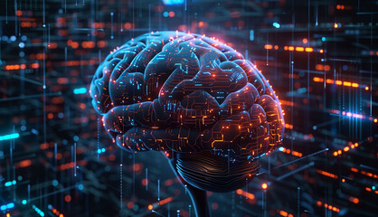 Artificial Intelligence and Big Data concept: 3D render of a digital brain processing streams of information in a neural network