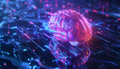 Cybernetic brain processing information: Close-up of a glowing digital mind on a futuristic network with data streams