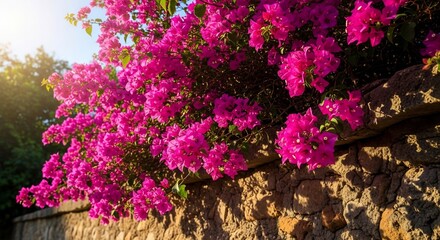 Obraz premium Vibrant Bougainvillea Cascade - Sunlit Pink Blooms on Rustic Stone Wall, Mediterranean Charm.