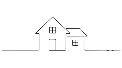 Minimalist one-line drawing of house and building with simple roof design