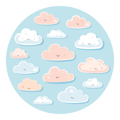 Group of fluffy clouds inside a circular frame, a whimsical illustration of the sky.