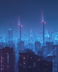 Fototapeta premium Wind turbines above city skyline in evening. Renewable energy concept for background