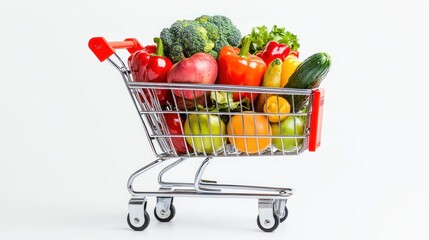 Full shopping cart overflowing with fresh colorful healthy vegetables and fruits