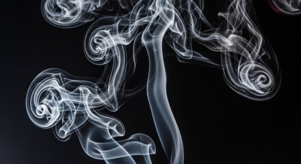 Intricate wisps of white and blue incense smoke creating elegant swirls on black.