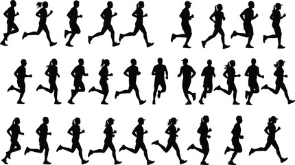 Silhouette vector illustration of men and women running in various poses, showing motion, fitness, sports, and active healthy lifestyle concepts