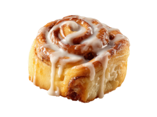 Close up of a single cinnamon roll with white icing dripping down the sides on a black background pastry, Isolated, Png Transparent Background