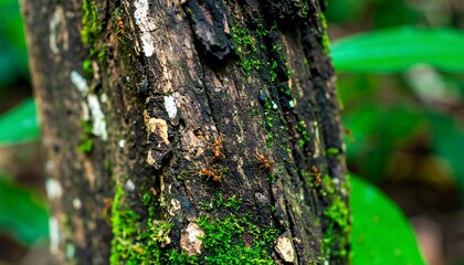 Macro View: Red Ants on Vibrant Green Moss and Textured Tree Bark in Tropical Forest
