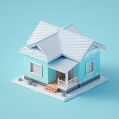 Pastel blue house, simple style, isometric view