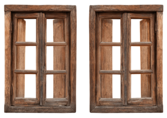 Two antique wooden windows, framed by aged, weathered wood with multiple panes