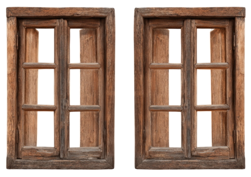 Two antique wooden windows, framed by aged, weathered wood with multiple panes