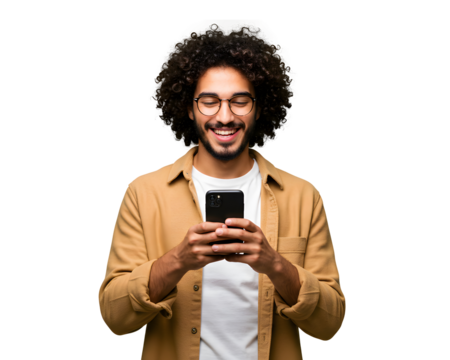 Young man smiling while using smartphone