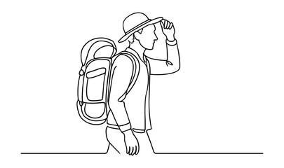 Continuous line art of backpacker walking with hat