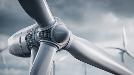 Wind turbine rotor hub and blades in detail, expressing renewable engineering efficiency and reliable clean power infrastructure for sustainable energy transition.
