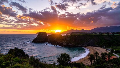 Dramatic Golden Sunset over Coastal Cliffs, Beach, and Distant Mountains