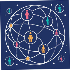 Diverse figures connect within a global network, showcasing international collaboration and digital communication on dark blue