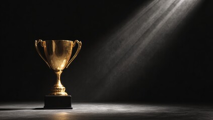 A golden trophy sits on a dark surface, illuminated by a dramatic spotlight, signifying achievement and victory