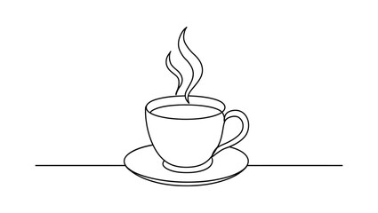 Minimalist line art of a steaming coffee cup on a saucer