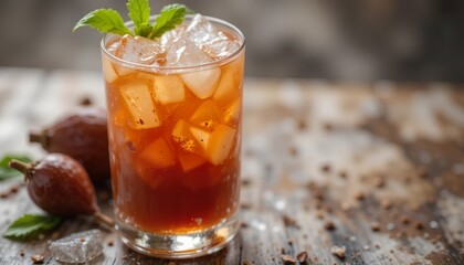 Refreshing iced tea with citrus and herbs served in a clear glass, surrounded by ice cubes, fresh fruits, and natural spices on a rustic wooden table