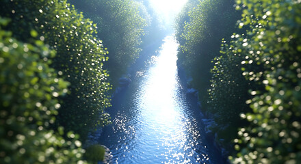 Fototapeta premium Sunlight filtering through a forest canopy, illuminating a shimmering river or stream, creating a magical and serene natural pathway