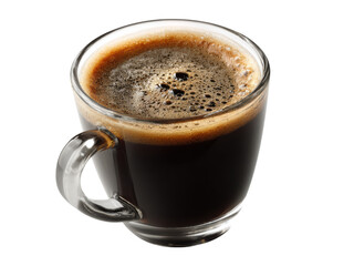 Fototapeta premium Close up of a clear glass mug filled with dark coffee and foamy crema on a black background transparent, Isolated, Png Transparent Background