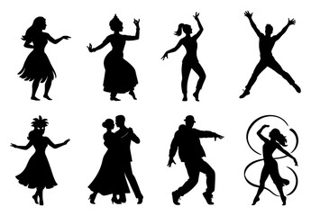 Silhouette dancers in diverse poses capturing movement and elegance