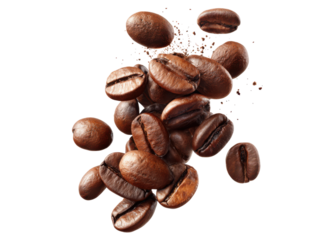Pile of roasted coffee beans falling and scattering against a black background brown dark, Isolated, Png Transparent Background