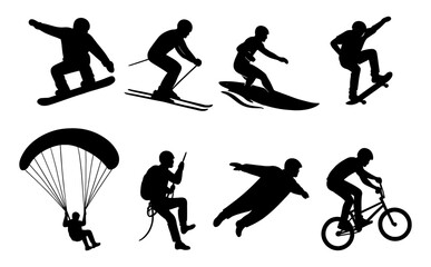 Obraz premium Extreme sports silhouettes: snowboarding, skiing, surfing, skateboarding, paragliding, climbing, flying, bmx